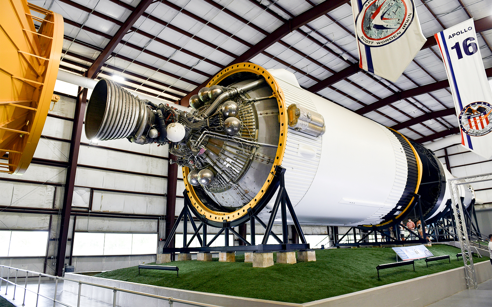 Apollo exhibit at Houston Space Center featuring a Saturn V rocket display.