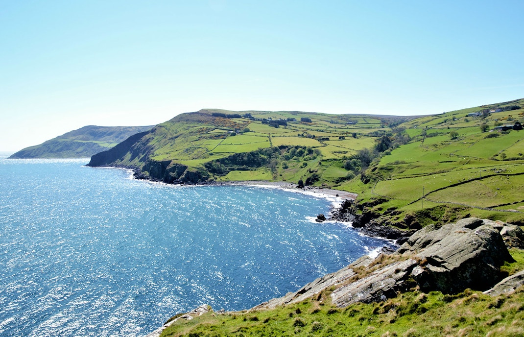 Giant's Causeway coastal view with cliffs and green fields, Northern Ireland.