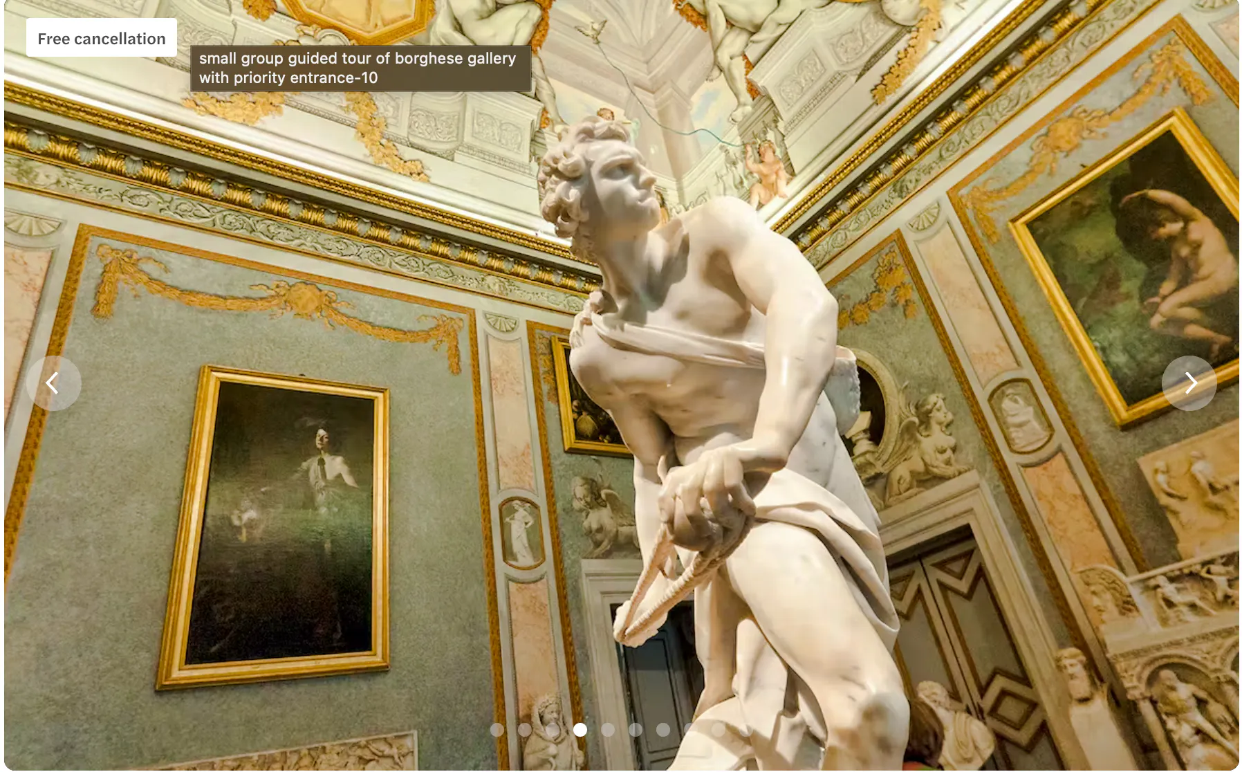 Statue of David in Borghese Gallery, Rome, with ornate ceiling and paintings.