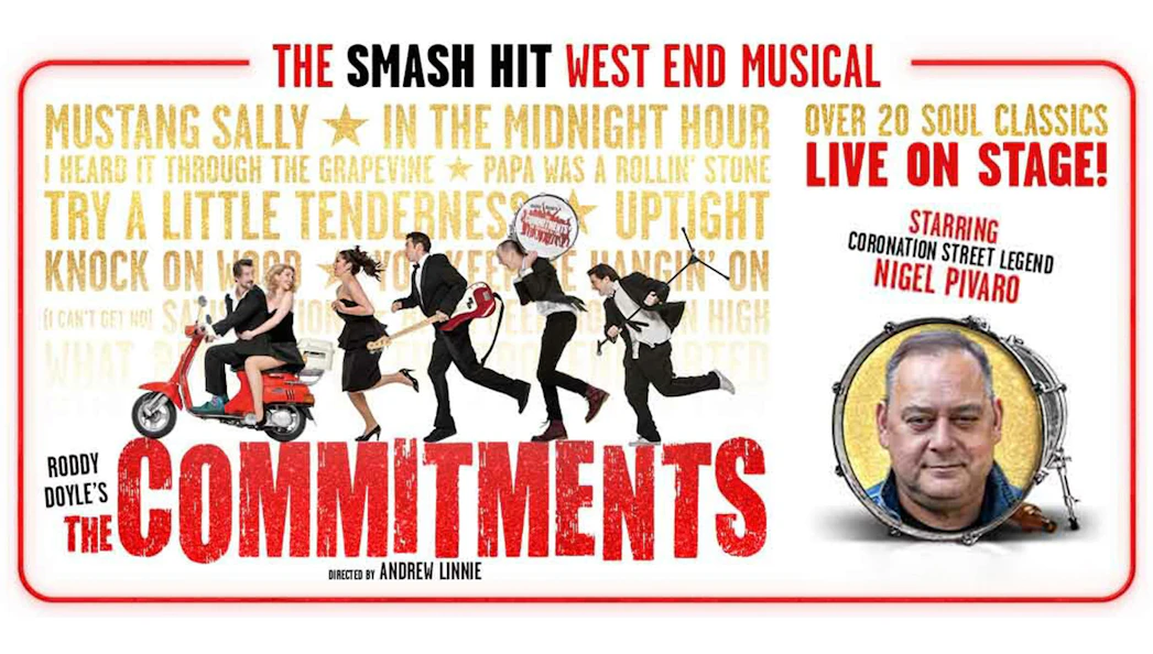 The Commitments musical poster with cast running and Nigel Pivaro featured.