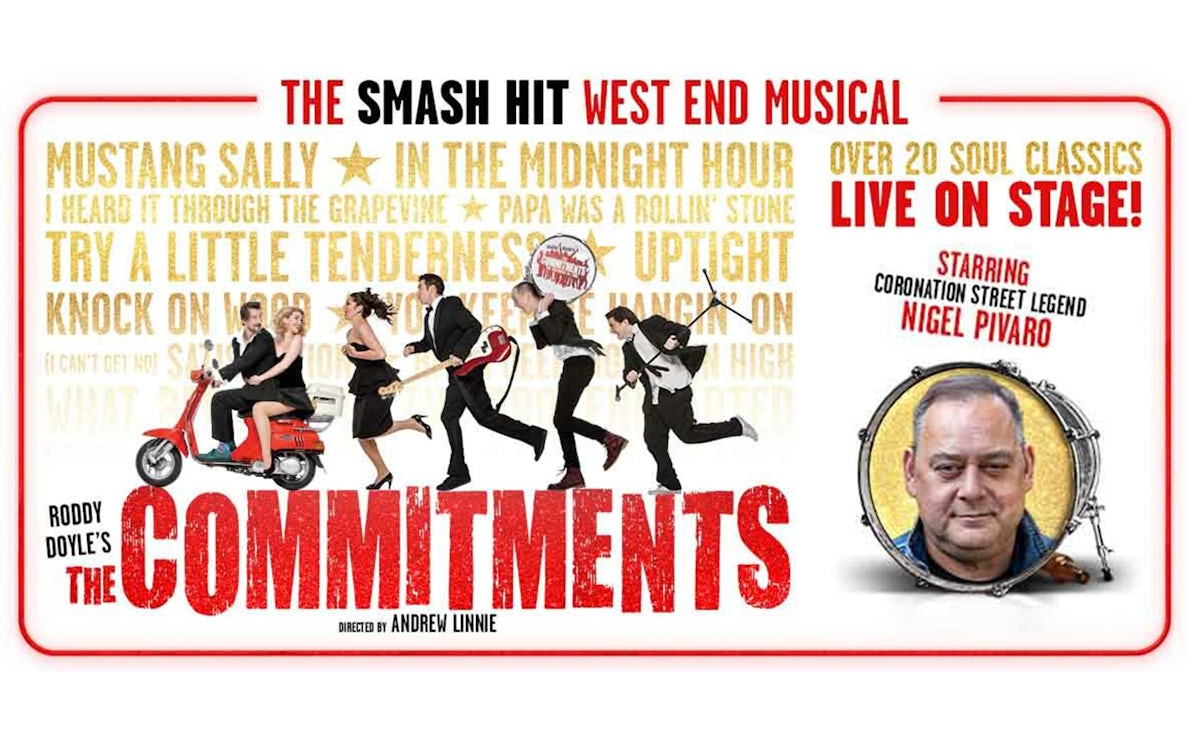 The Commitments musical poster with cast running and Nigel Pivaro featured.