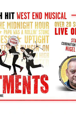 The Commitments musical poster with cast running and Nigel Pivaro featured.