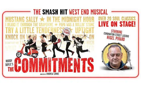 The Commitments musical poster with cast running and Nigel Pivaro featured.