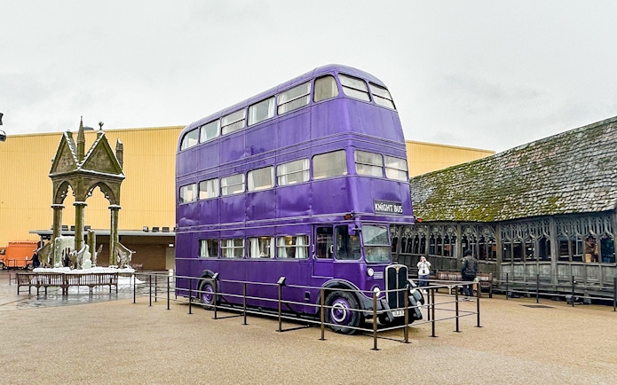 Knight Bus exhibit at Harry Potter London tour location.