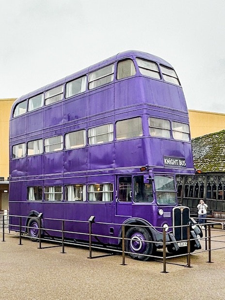 Knight Bus exhibit at Harry Potter London tour location.