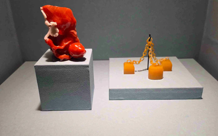 Exhibit of red coral sculpture and yellow chain artifact at National Palace Museum.