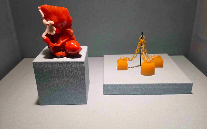 Exhibit of red coral sculpture and yellow chain artifact at National Palace Museum.