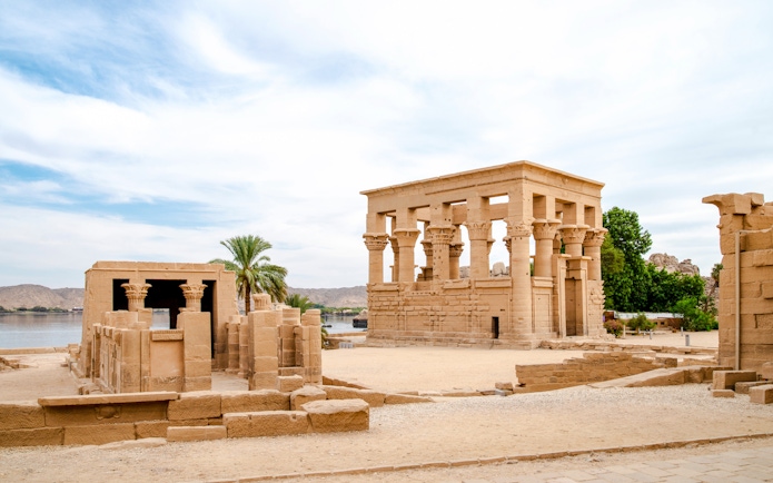Philae Temple of Isis on Agilkia Island, Lake Nasser, ancient columns and stone structures.