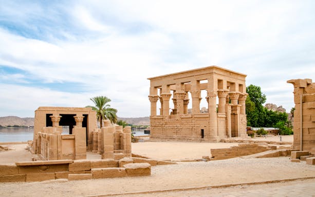 Philae Temple of Isis on Agilkia Island, Lake Nasser, ancient columns and stone structures.