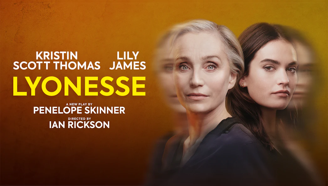 Lyonesse play poster with two women against an orange background