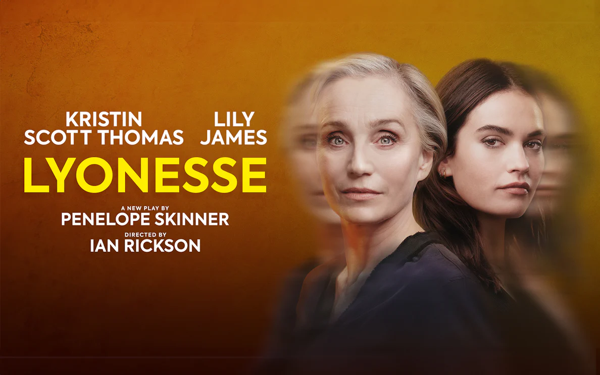Lyonesse play poster with two women against an orange background