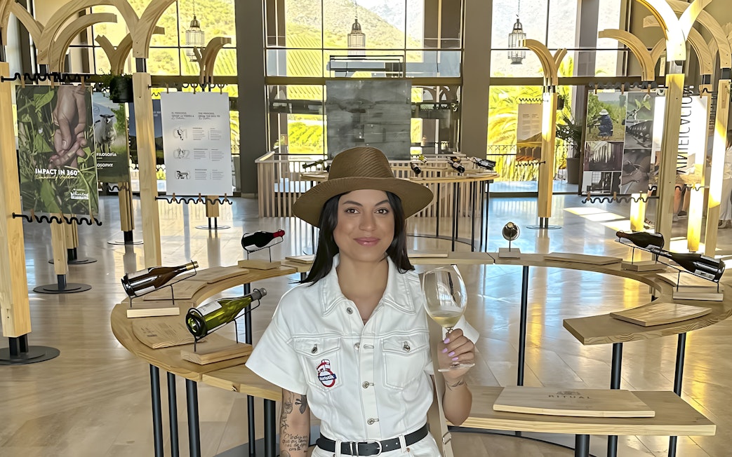 Tourist enjoying wine tasting at a vineyard in Chile with scenic views.