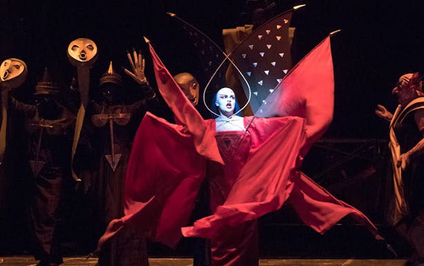 Performer in vibrant costume during The Magic Flute opera scene.