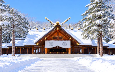 Hokkaido Shrine covered in snow during the Sopporo full-day tour.