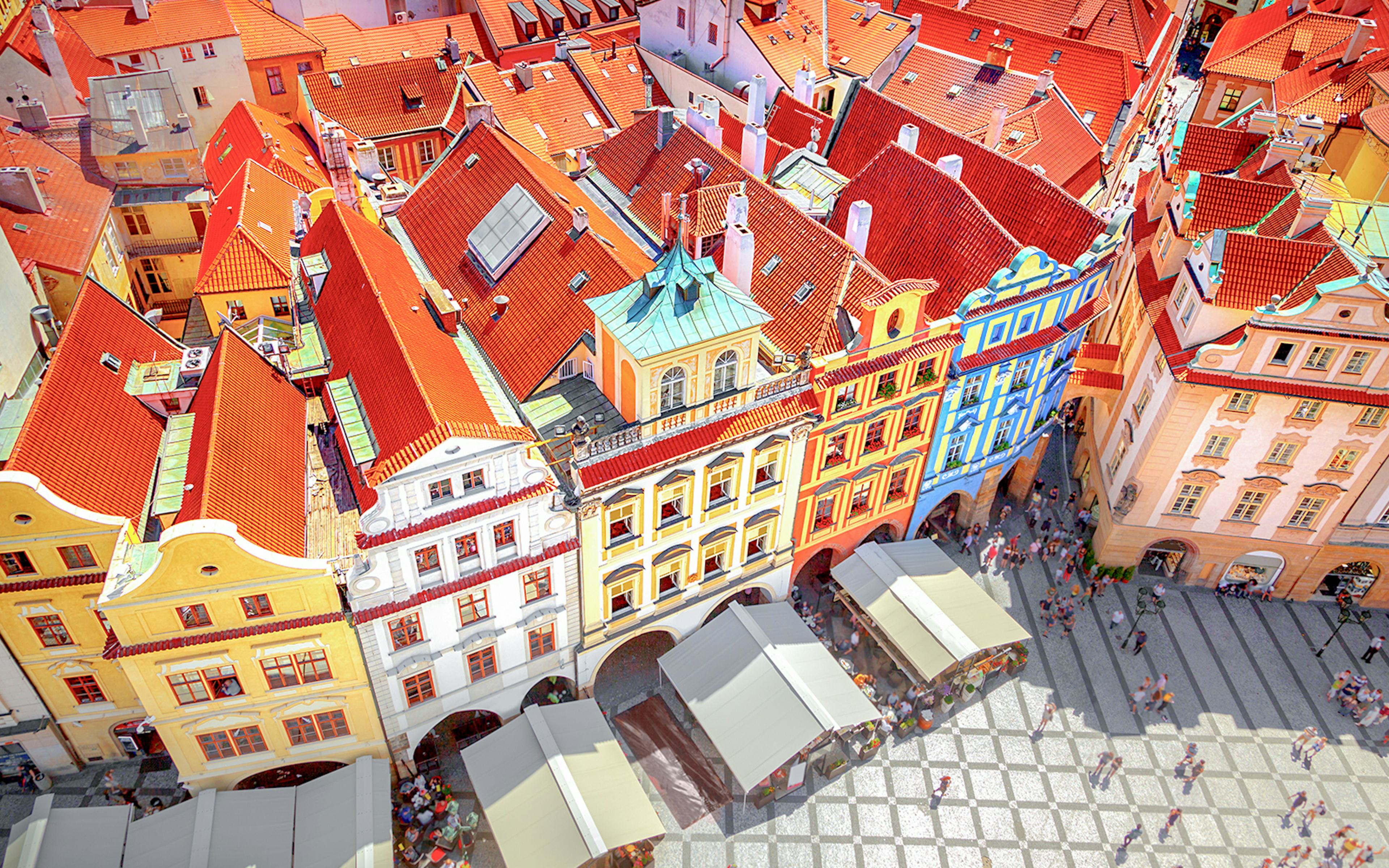 View from Astronomical Clock Tower, Prague, showcasing historic buildings and homes.