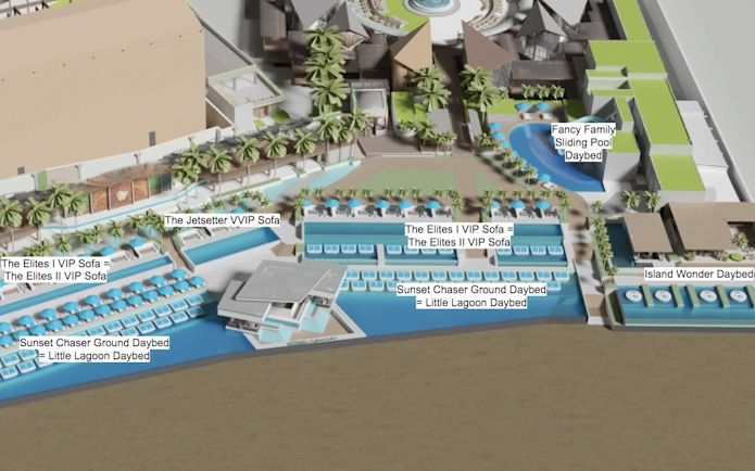 Atlas Beach Club layout with VIP sofas, daybeds, and pools.