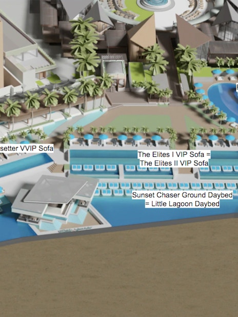 Atlas Beach Club layout with VIP sofas, daybeds, and pools.