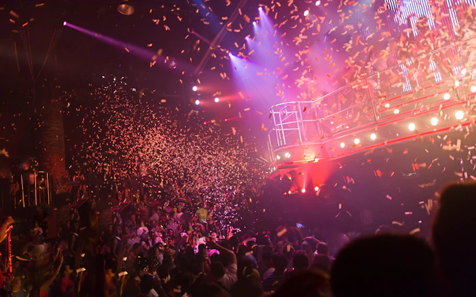 Confetti shower at a lively concert party with vibrant stage lights.