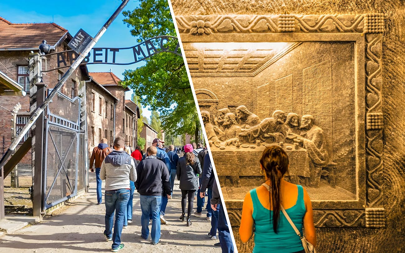 Auschwitz-Birkenau entrance gate and Wieliczka Salt Mine carving, Krakow tour.