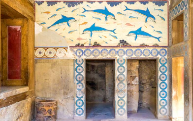House of the Frescoes with vibrant dolphin paintings in Knossos, Crete.