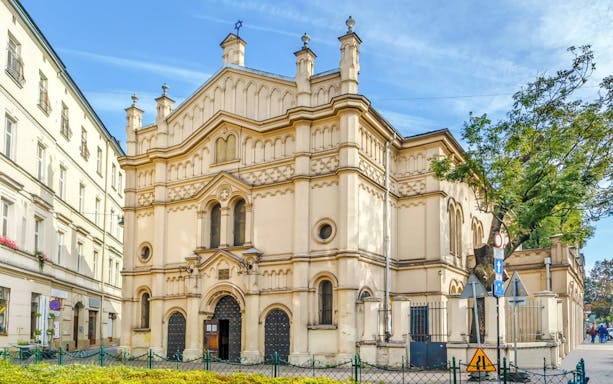 Tempel Synagogue in Kraków, Poland, featuring ornate architectural details.