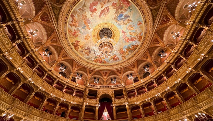 Hungarian State Opera House interior with ornate ceiling fresco and chandelier.