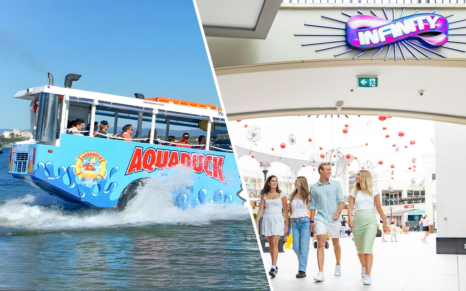 Aquaduck tour on Gold Coast water and group walking at Infinity attraction.
