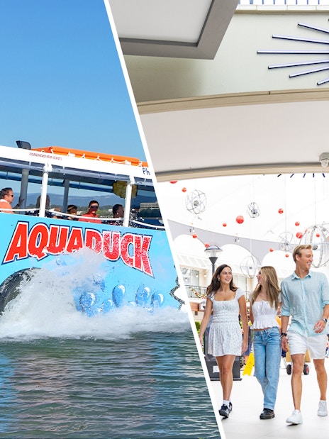 Aquaduck tour on Gold Coast water and group walking at Infinity attraction.