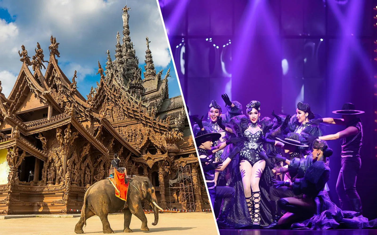 Sanctuary of Truth wooden temple with elephant and Alcazar Cabaret performers in Pattaya.