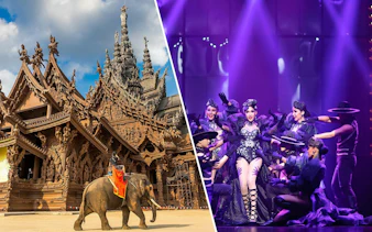 Sanctuary of Truth wooden temple with elephant and Alcazar Cabaret performers in Pattaya.