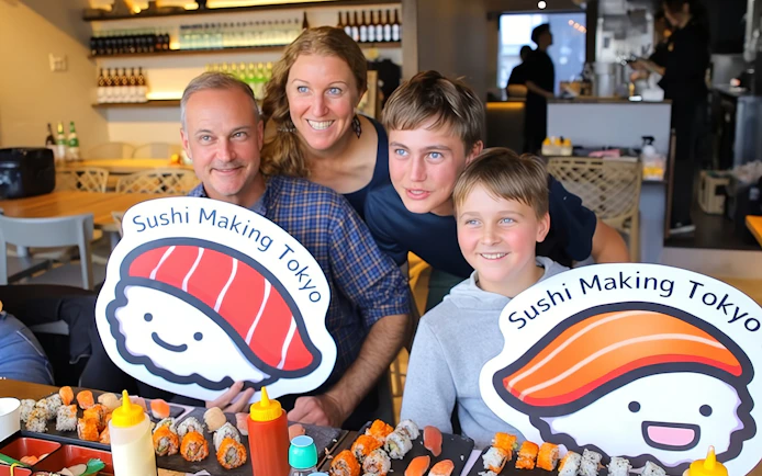 Family enjoying sushi making class in Asakusa, Tokyo with sushi platters.