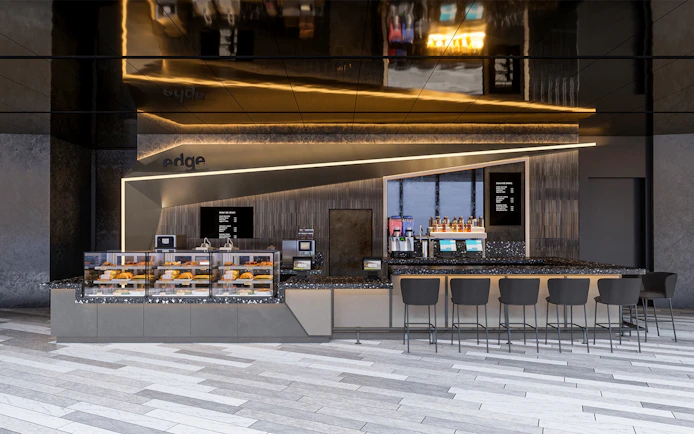 Skyline Cafe at Edge Experience in NYC with seating and pastry display.