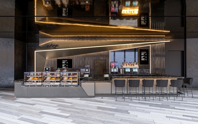 Skyline Cafe at Edge Experience in NYC with seating and pastry display.