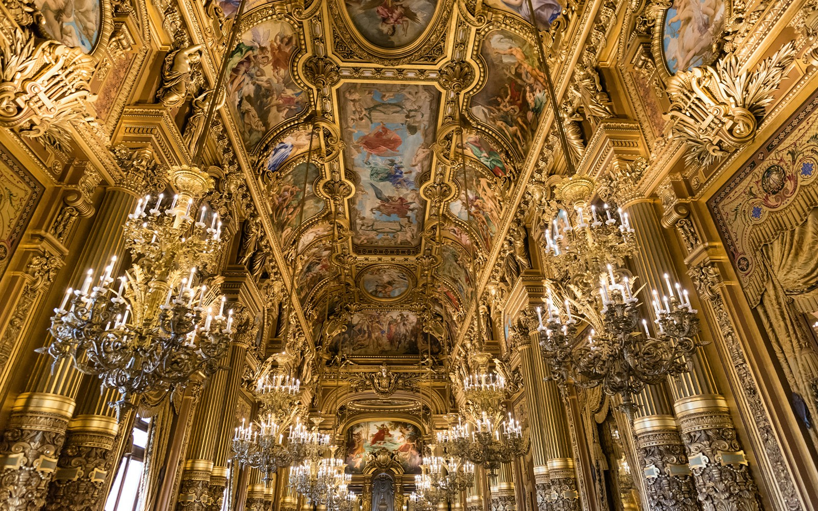 Grand Foyer ceiling artwork at Palais Garnier Opera, Paris, France.