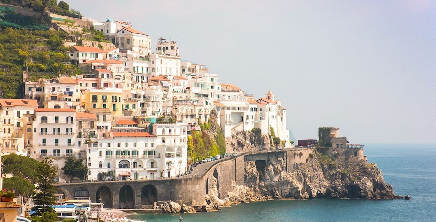 Amalfi Coast cliffside village view on a small-group tour from Naples.