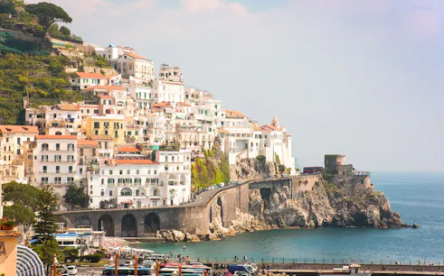 Amalfi Coast cliffside village view on a small-group tour from Naples.
