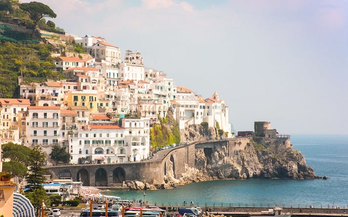 Amalfi Coast cliffside village view on a small-group tour from Naples.