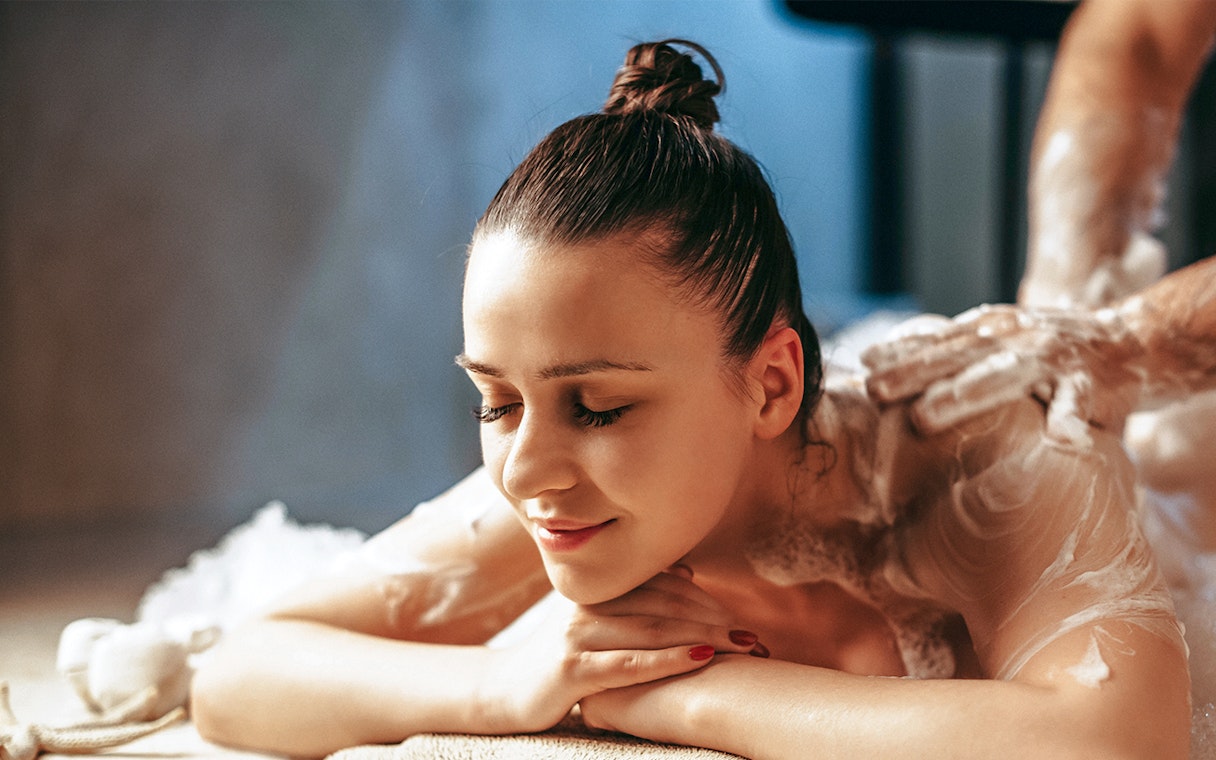 Turkish bath massage with foam at Sifa Bath in Sultanahmet Square, Istanbul.
