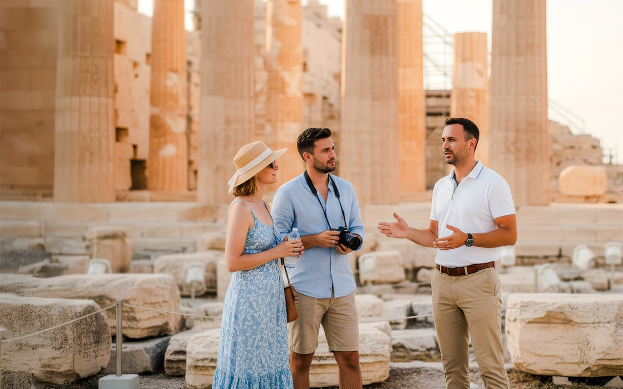 Tour guide explaining the Parthenon to visitors at the Acropolis in Athens.