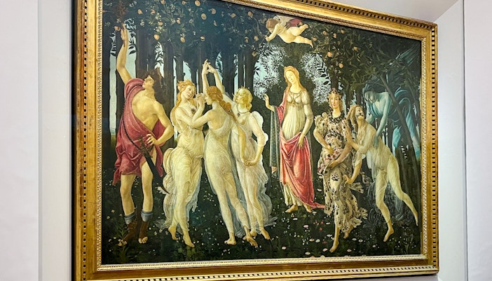 Primavera painting by Sandro Botticelli displayed at Uffizi Gallery, Florence.