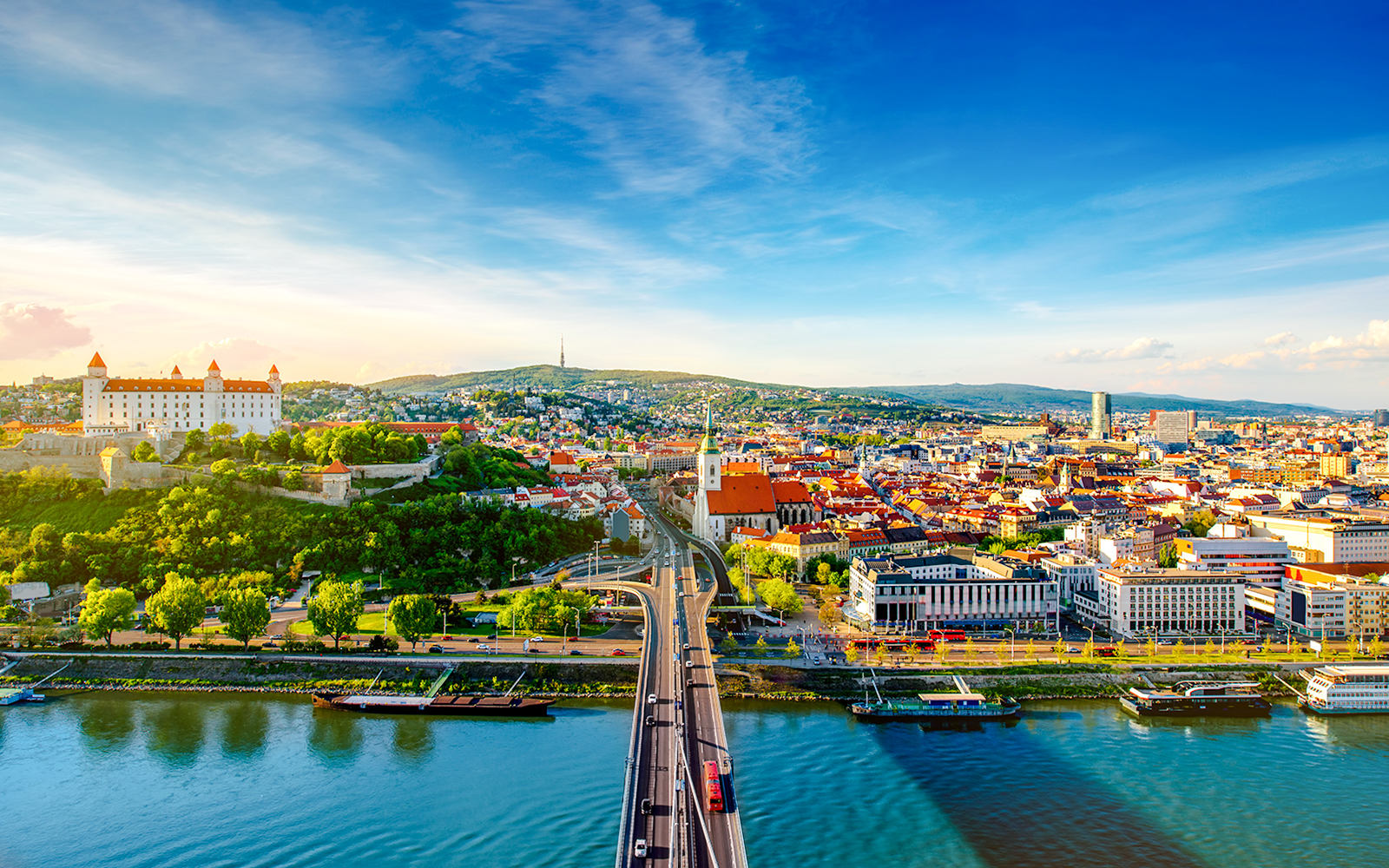 Bratislava cityscape with castle and Danube River, Slovakia.
