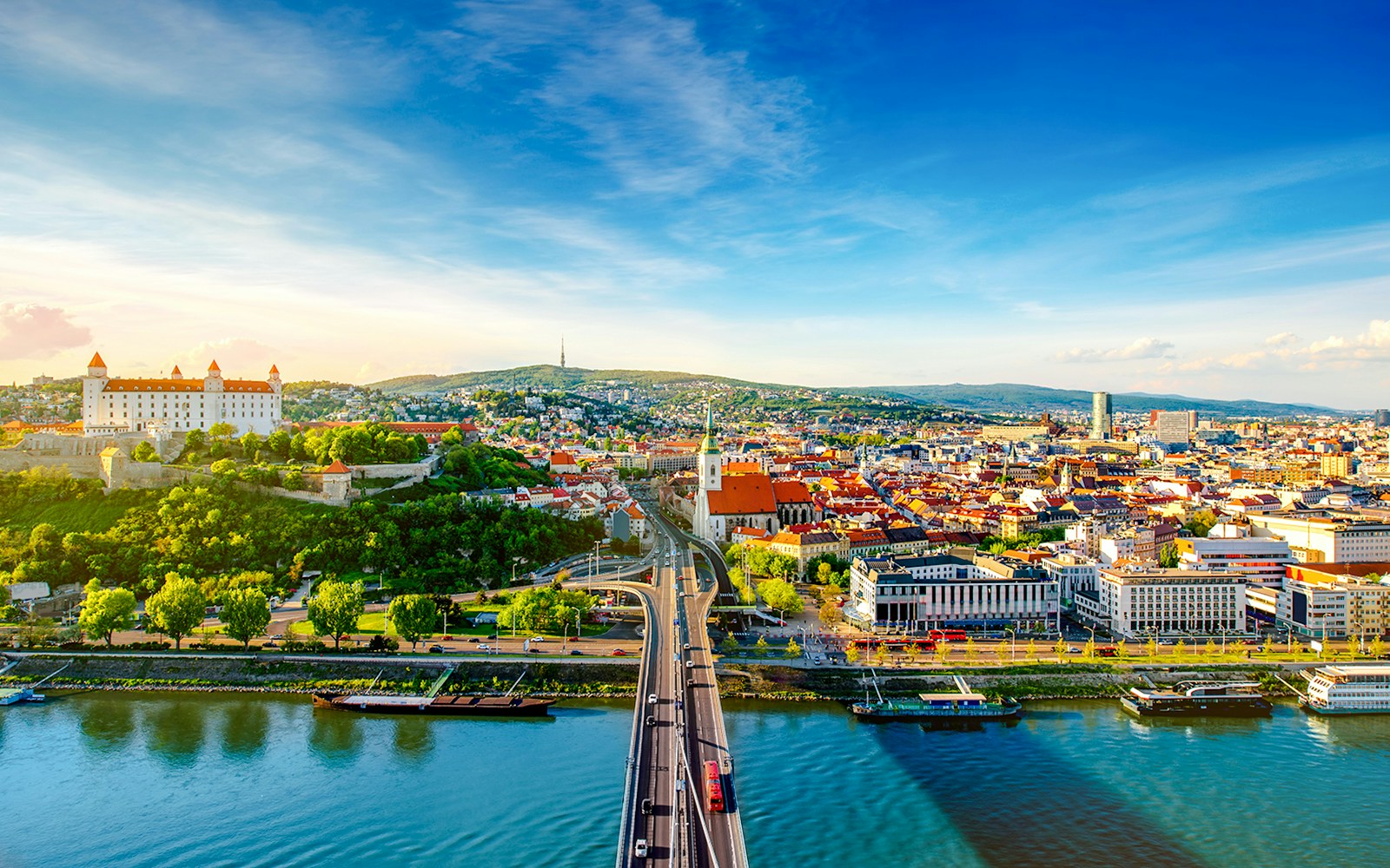 Bratislava cityscape with castle and Danube River, Slovakia.