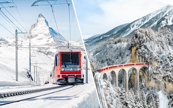 Train approaching snowy Matterhorn and crossing viaduct on Glacier Express route, Zermatt to St. Moritz.