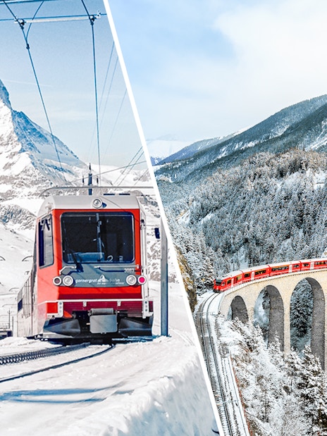 Train approaching snowy Matterhorn and crossing viaduct on Glacier Express route, Zermatt to St. Moritz.