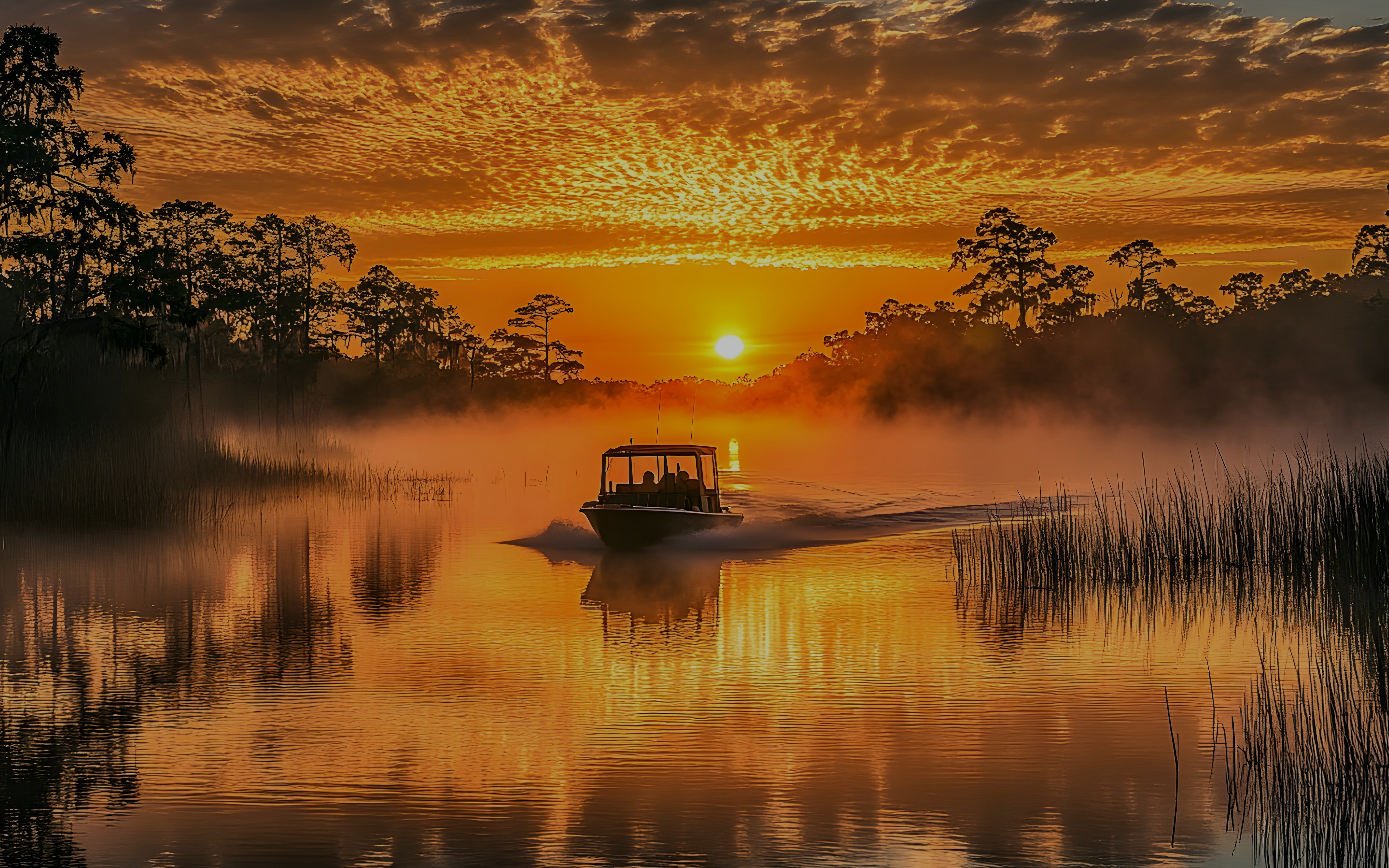 Boat cruising through Everglades at sunset with mist and silhouetted trees.