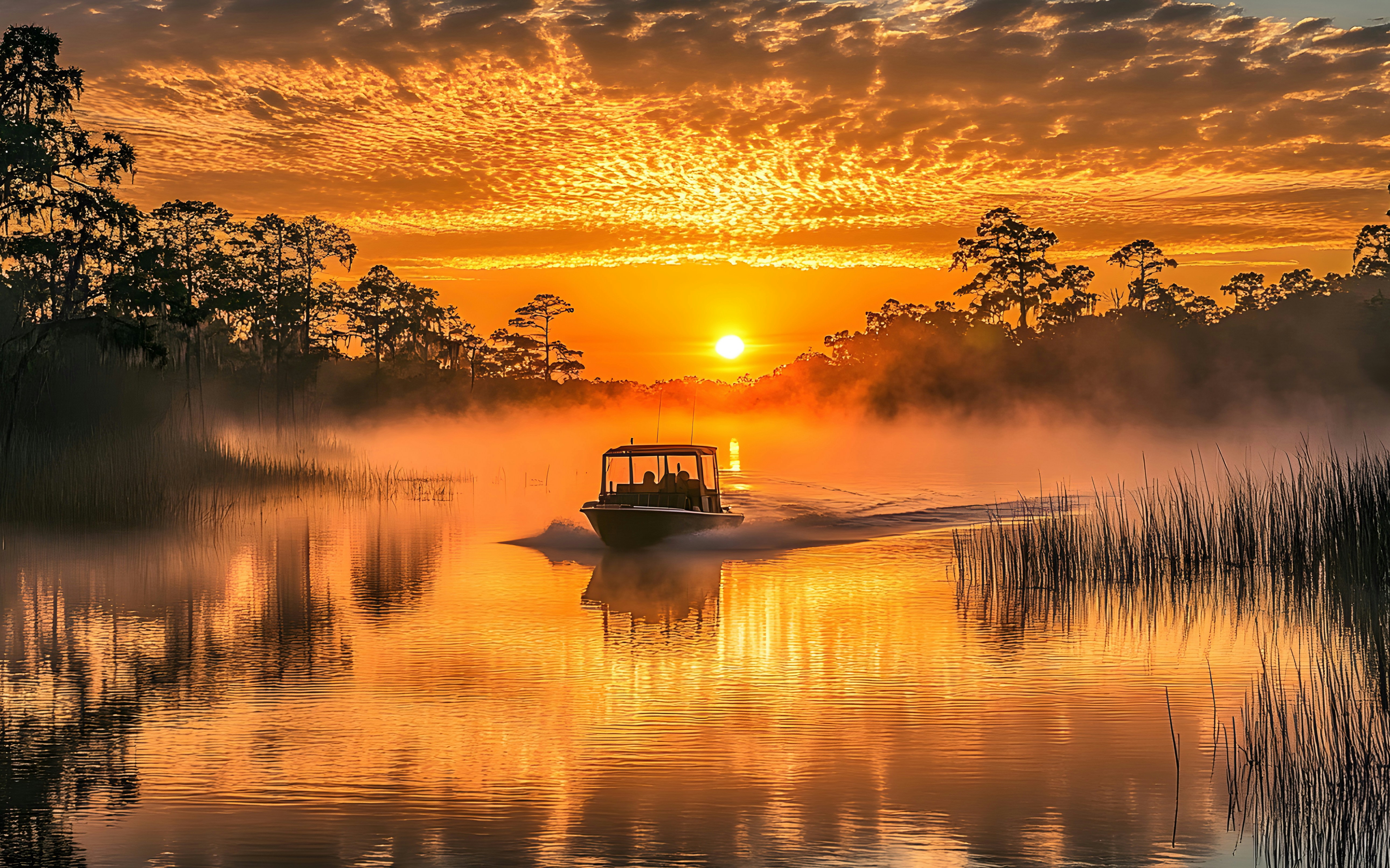 Boat cruising through Everglades at sunset with mist and silhouetted trees.
