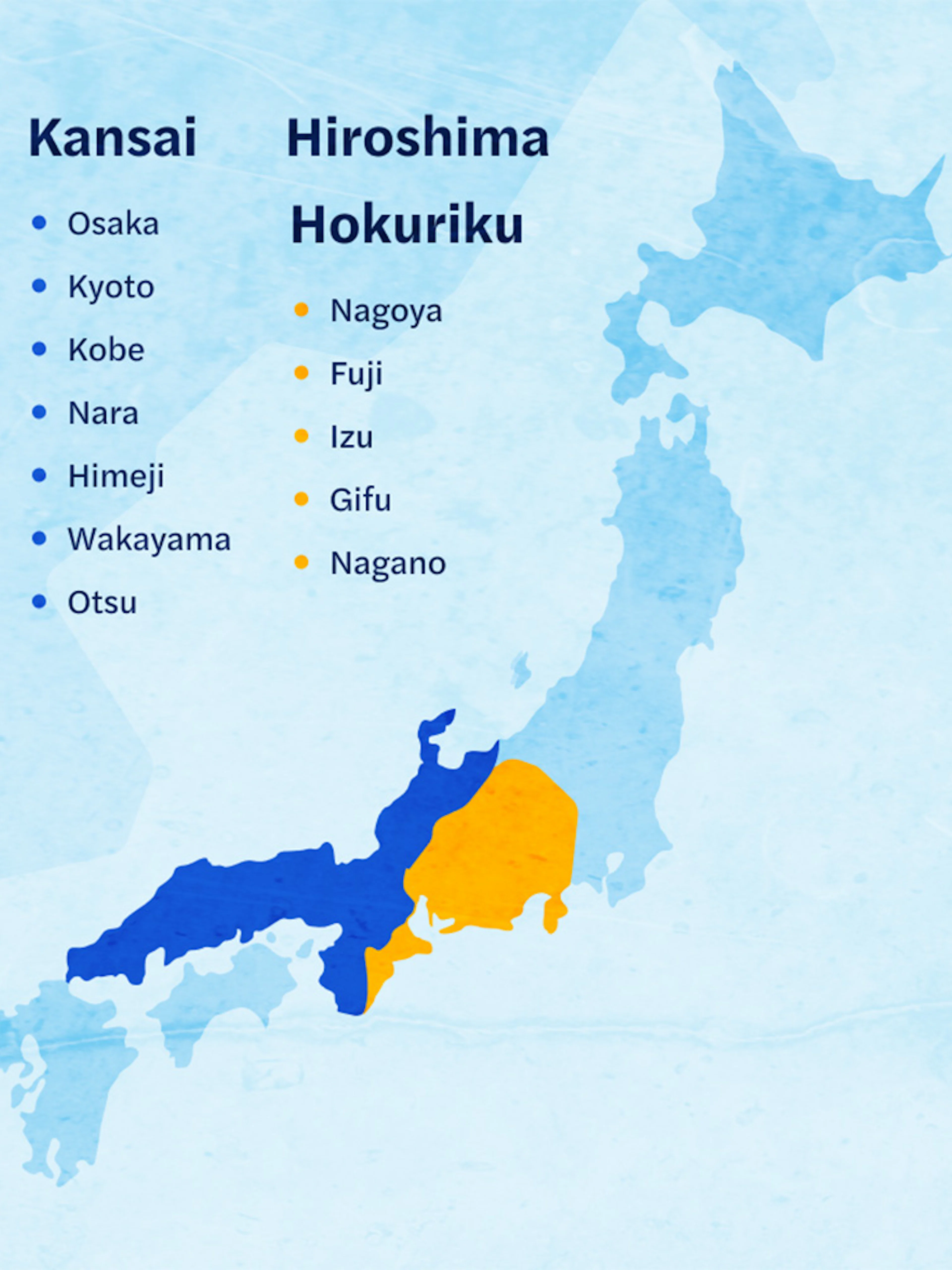 Map highlighting Kansai and Hiroshima areas in Japan with cities like Osaka and Kyoto.