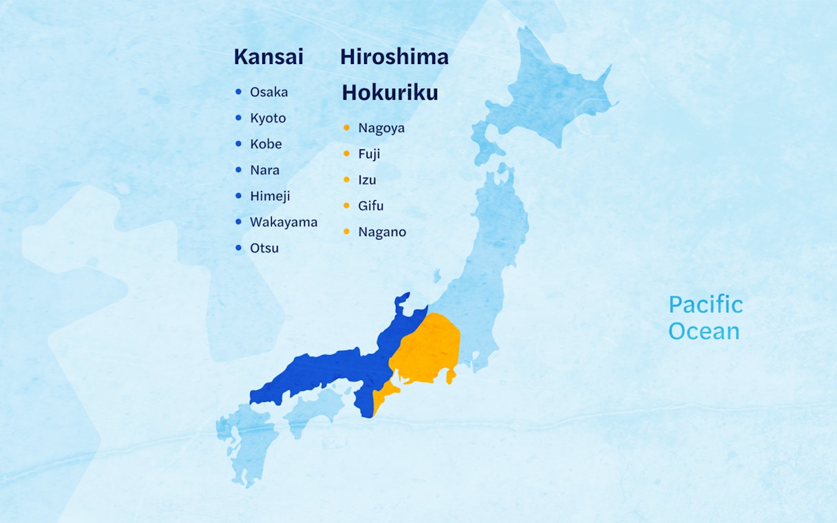 Map highlighting Kansai and Hiroshima areas in Japan with cities like Osaka and Kyoto.