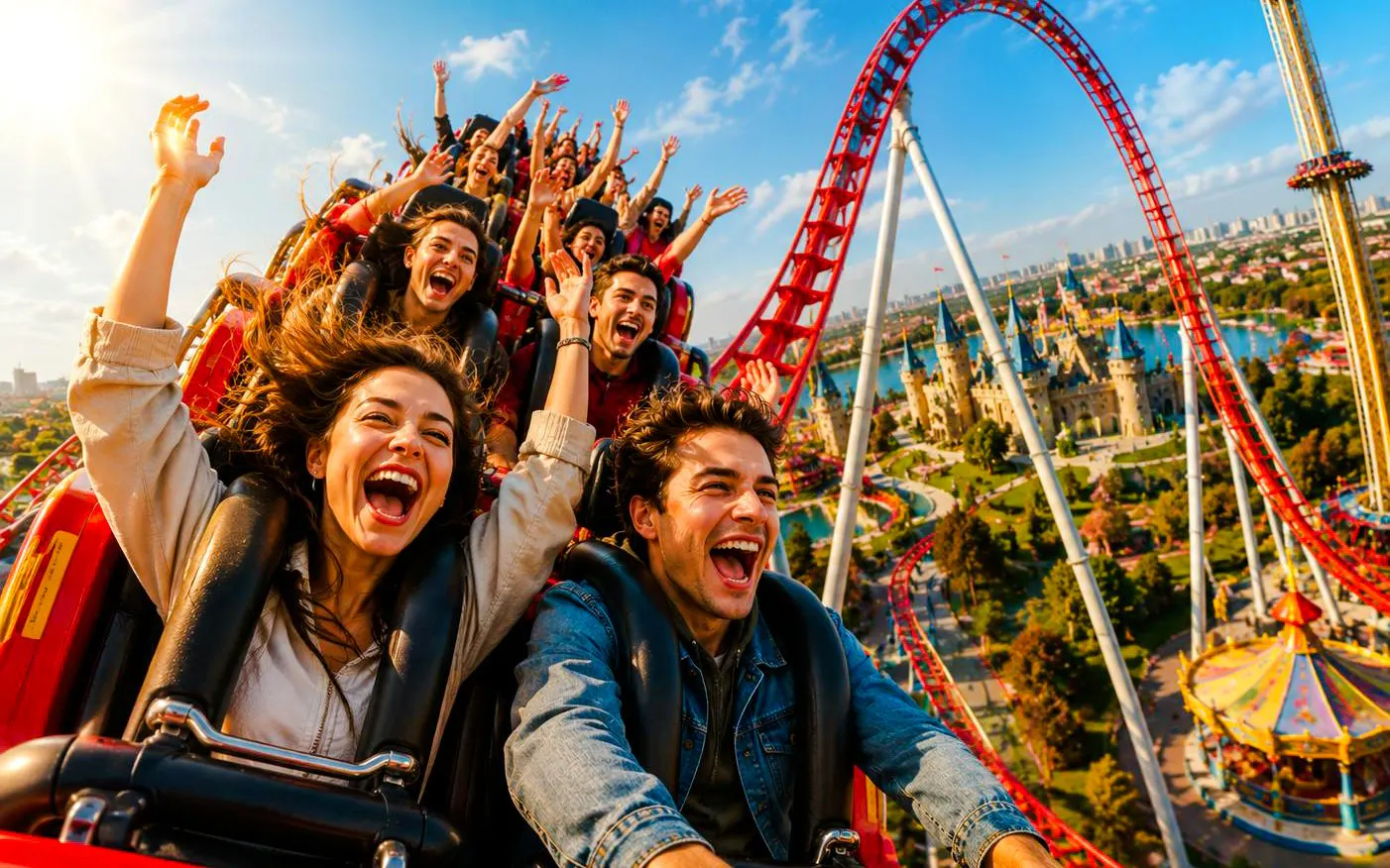 Guests on a roller coaster at Vialand Theme Park, Istanbul, with castle view.
