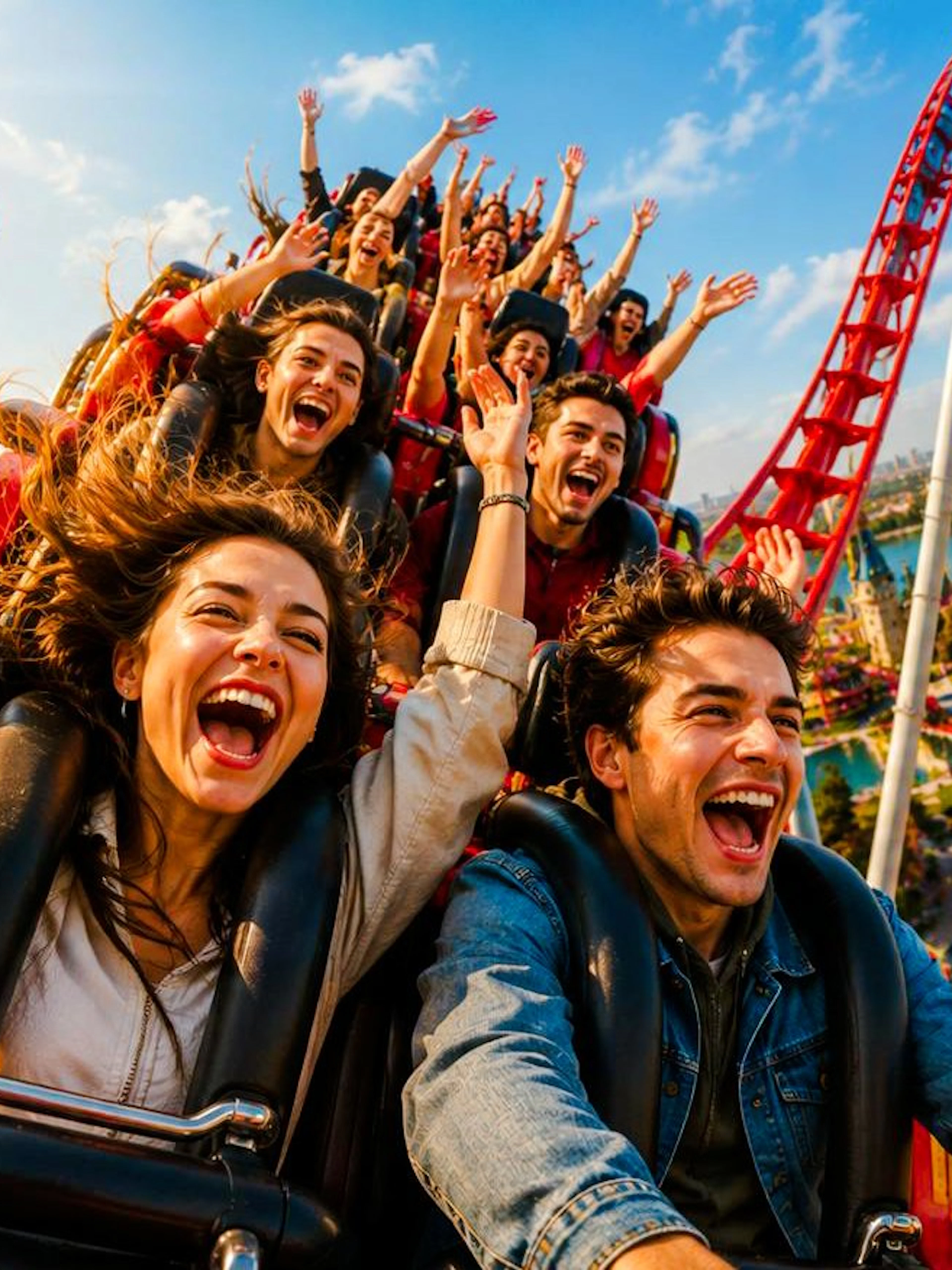 Guests on a roller coaster at Vialand Theme Park, Istanbul, with castle view.
